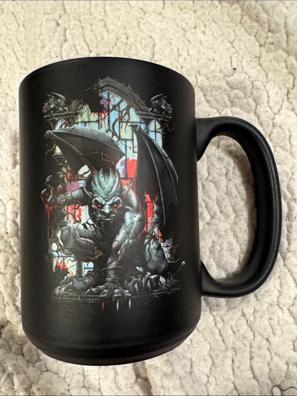 Universal Black Ceramic Mug with Gothic Gargoyle Artwork and Red Accents